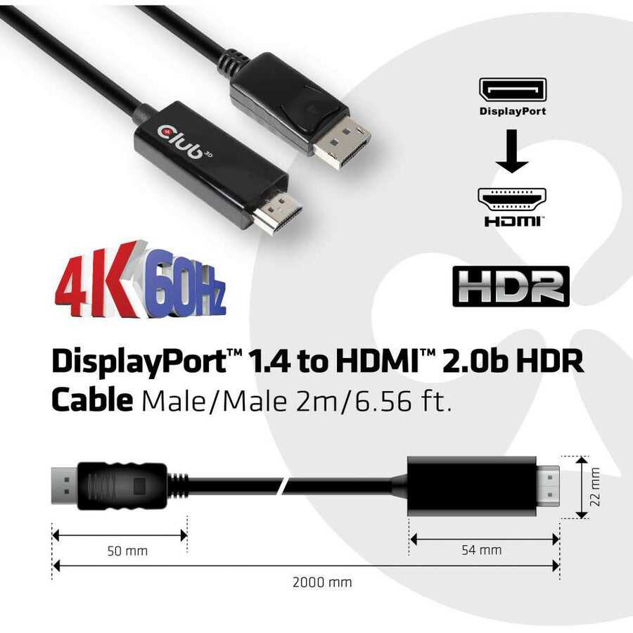 CLUB 3D, Câble Club 3D Displayport 1.4 vers adaptateur actif Hdmi 2.0B mâle/mâle 2M/6.56 pieds